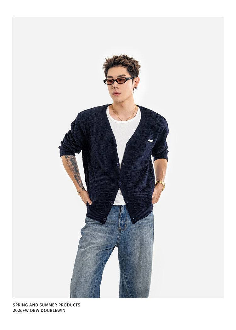 Waffle-Knit Wool V-Neck Knit Cardigan