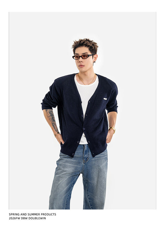 Waffle-Knit Wool V-Neck Knit Cardigan