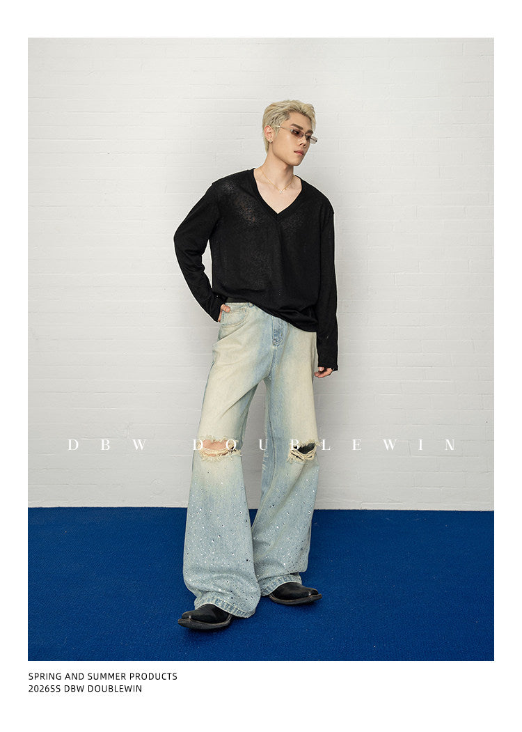 Rhinestone-Embellished Gradient Straight-Leg Jeans