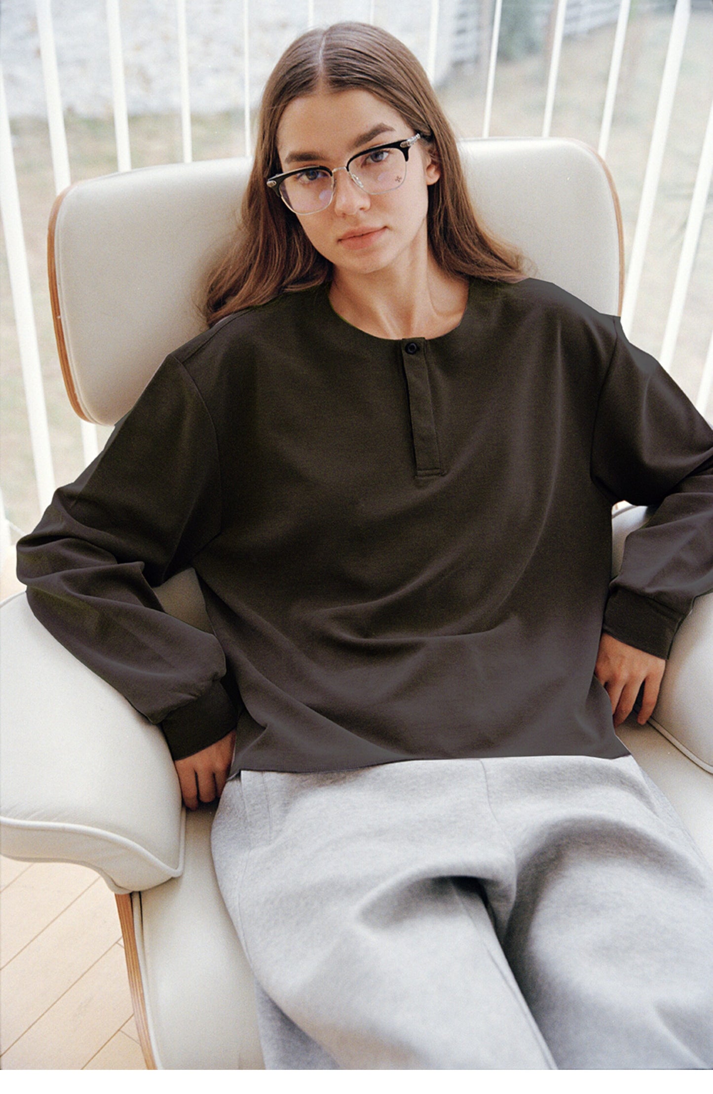 Single-button henley-neck T-shirt