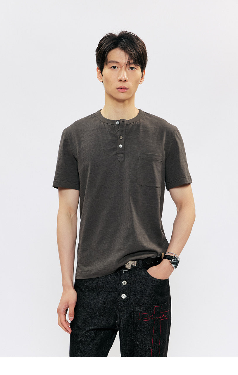 Henry Collar Casual Shoulder Slim T-Shirt