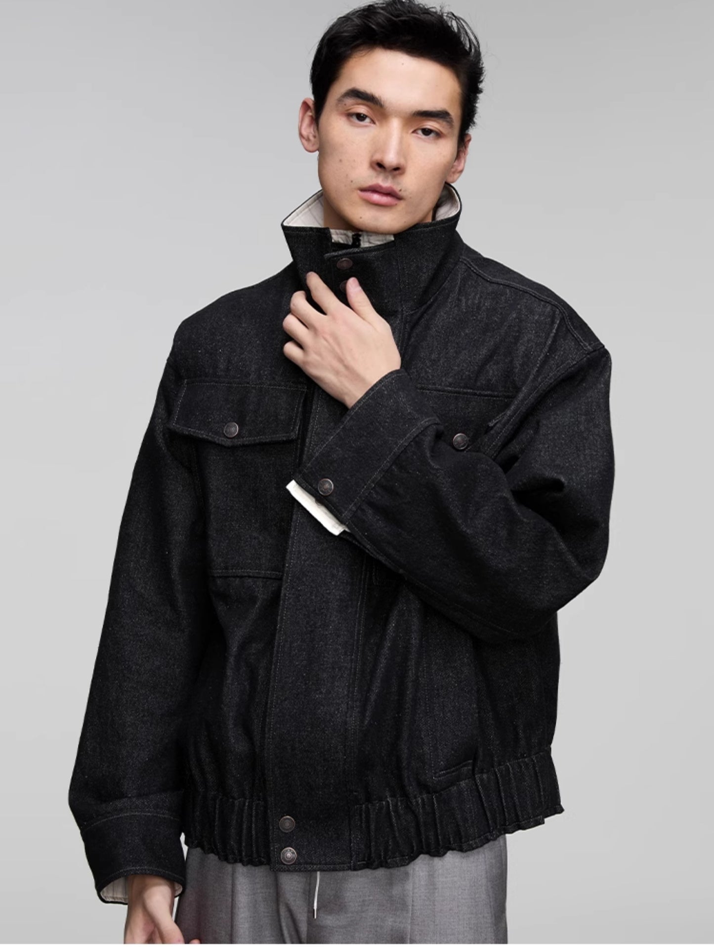 Stand collar patch pocket denim jacket