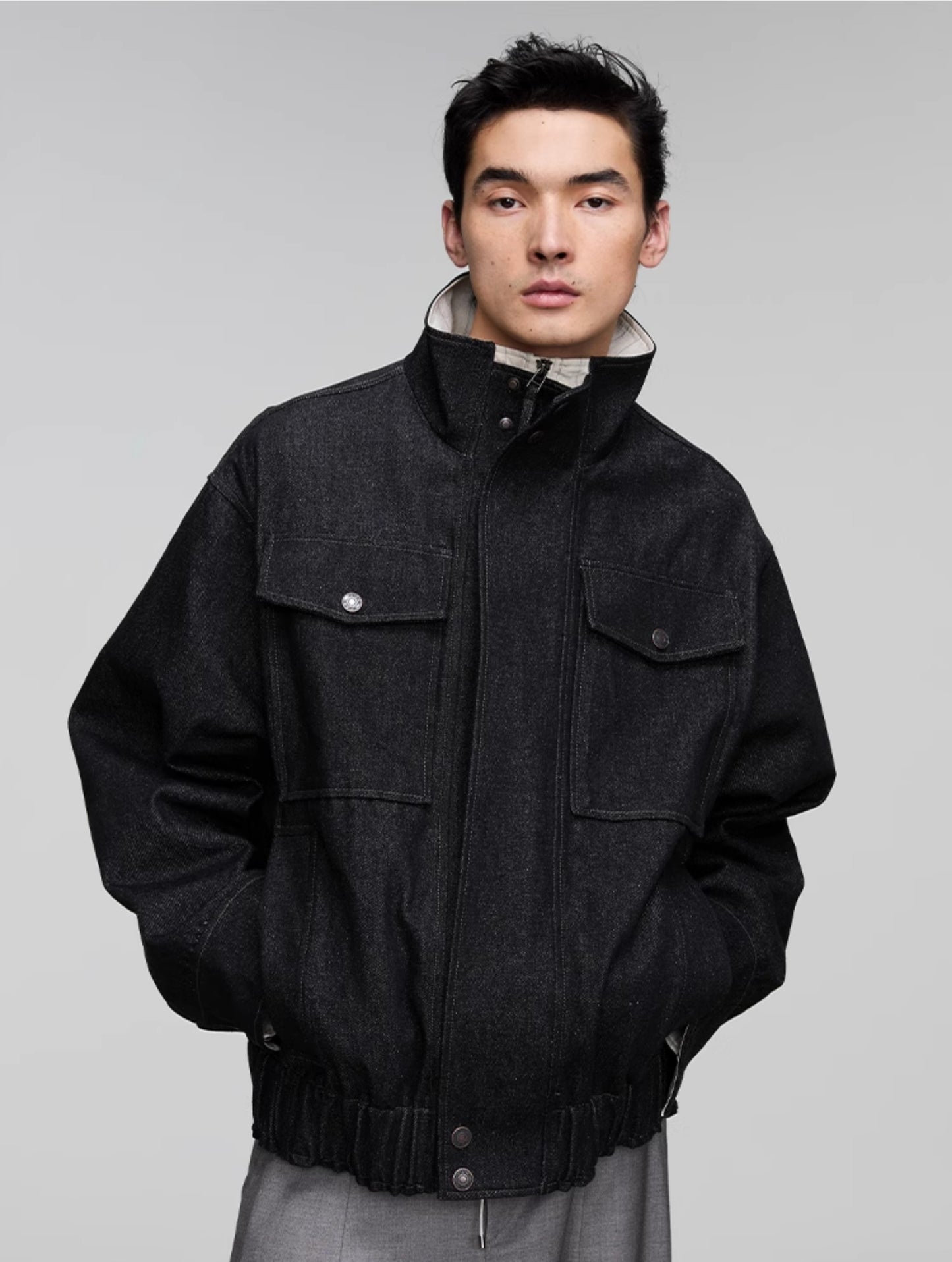 Stand collar patch pocket denim jacket