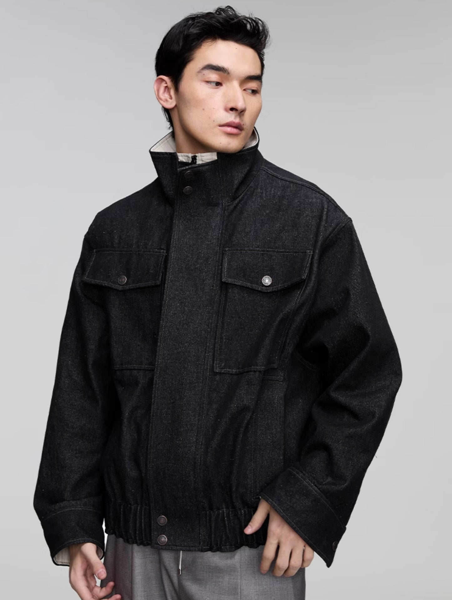 Stand collar patch pocket denim jacket