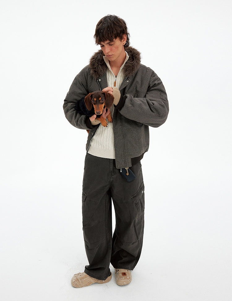 Houndstooth Fur Collar Cotton Jacket