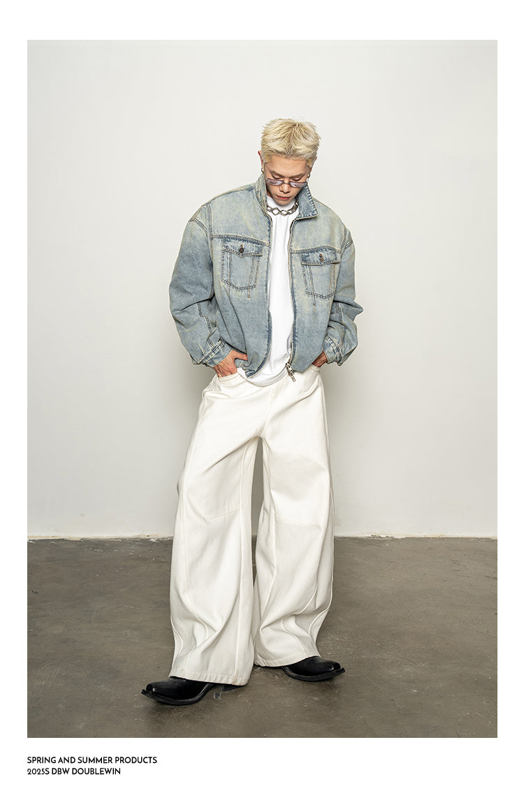 Wide-Shoulder Washed Denim Jacket