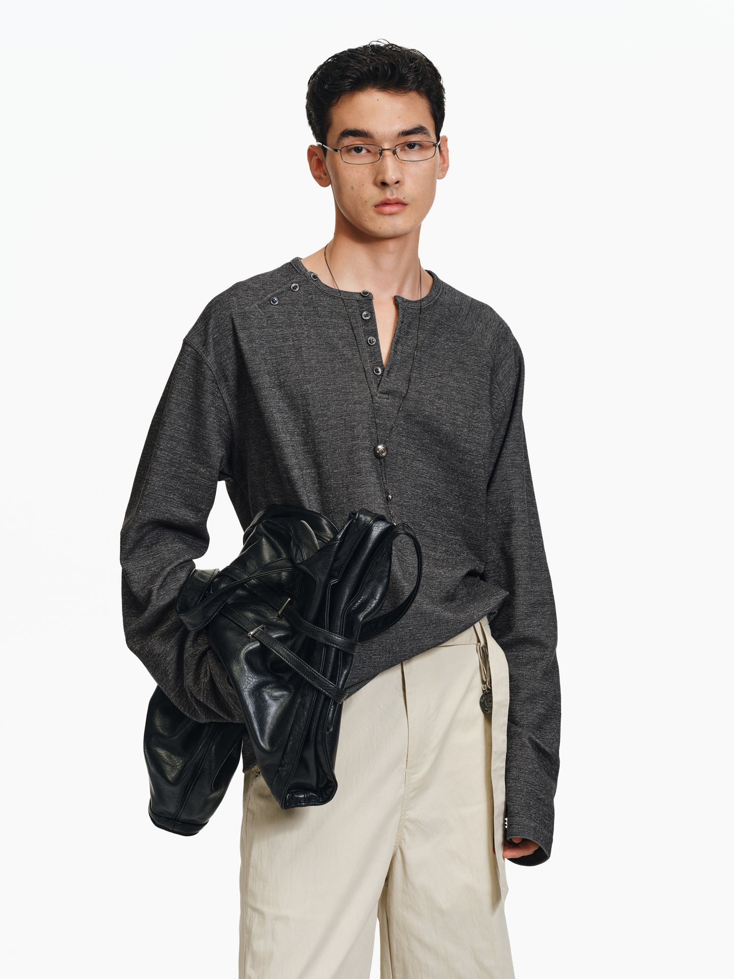 Henry Collar Diagonal Button T-Shirt