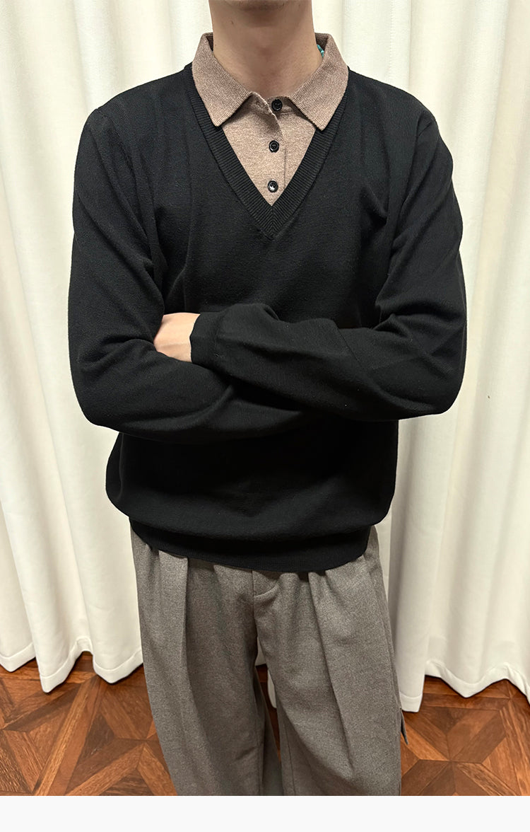 Faux Two-Piece Polo Collar Sweater