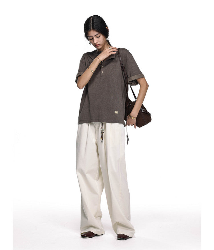 Letter-Embroidered Henley Collar T-Shirt