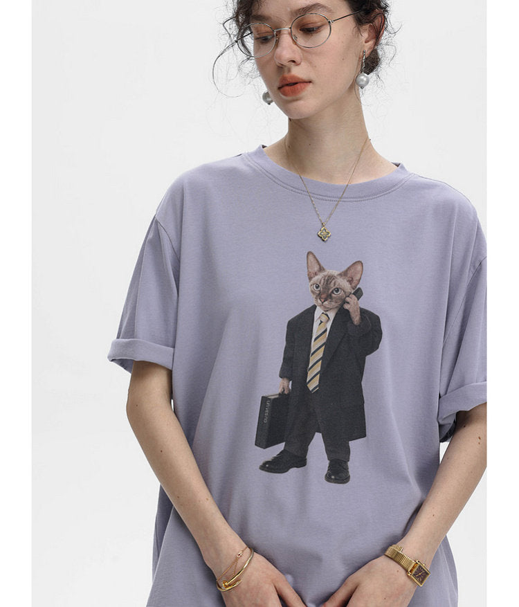 Cat-Print Soft T-Shirt