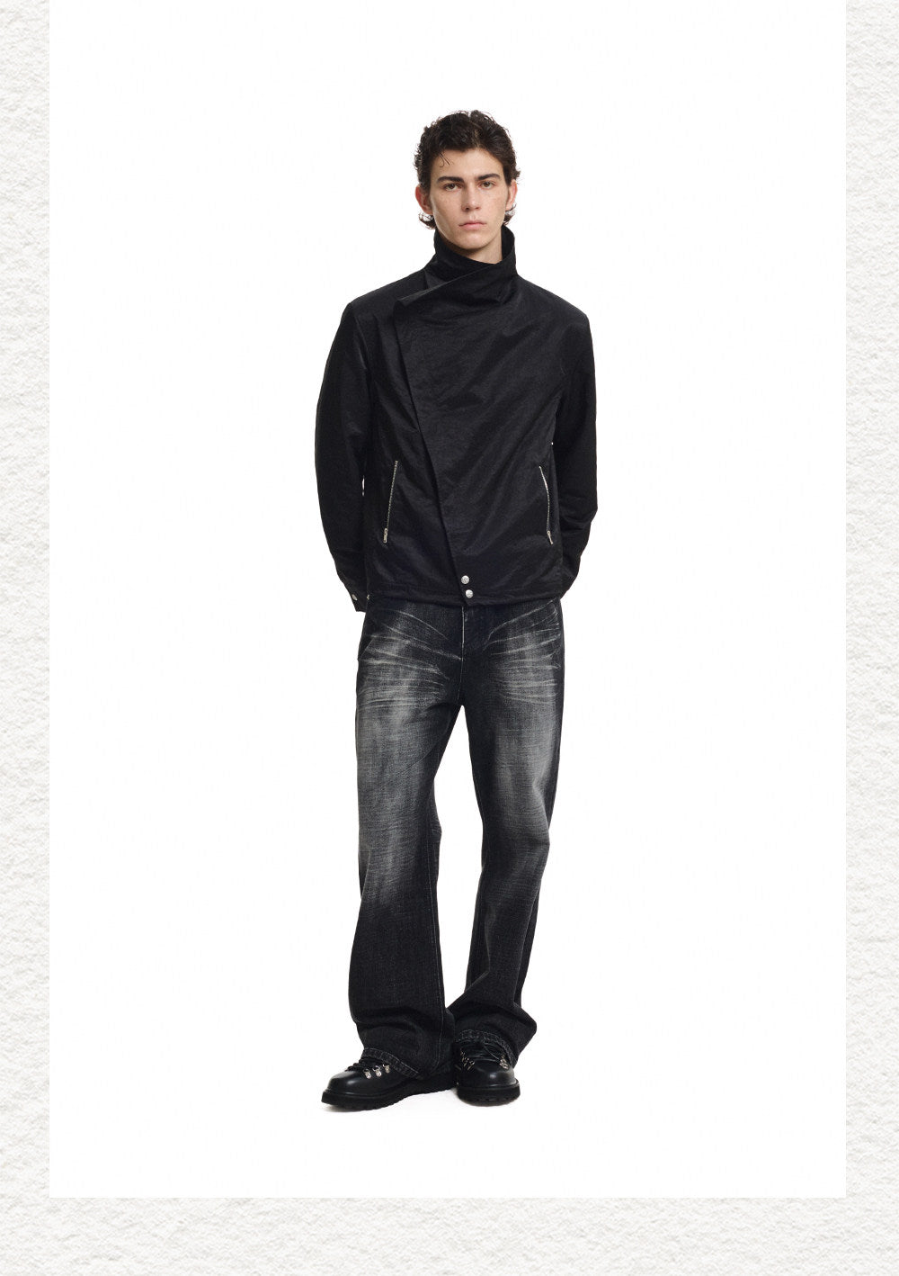 Cross-Button Diagonal Placket Stand-Collar Jacket