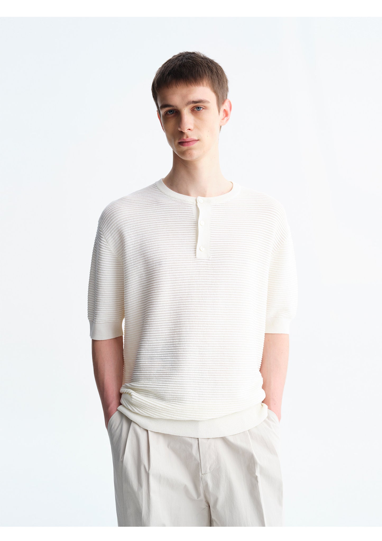 Henry-Neck Wool-Look Short-Sleeve Shirt