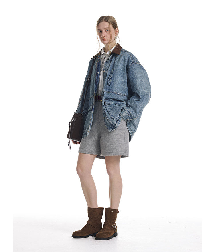 Vintage Denim Jacket with Washed Suede Collar