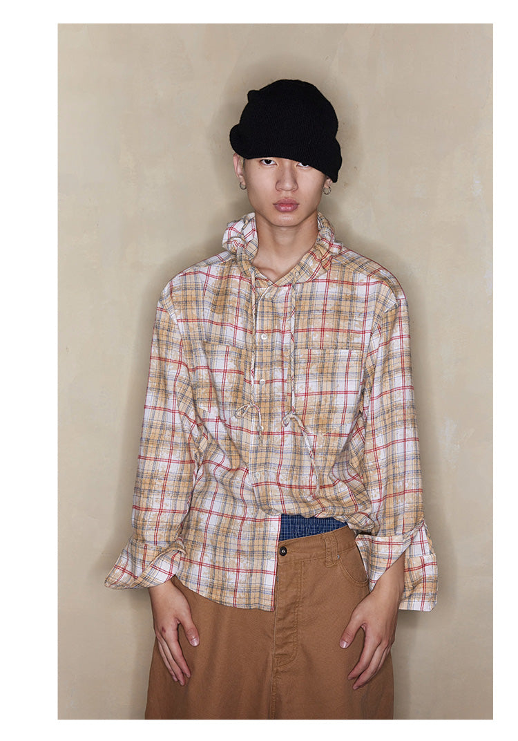 Plaid embroidered hooded shirt