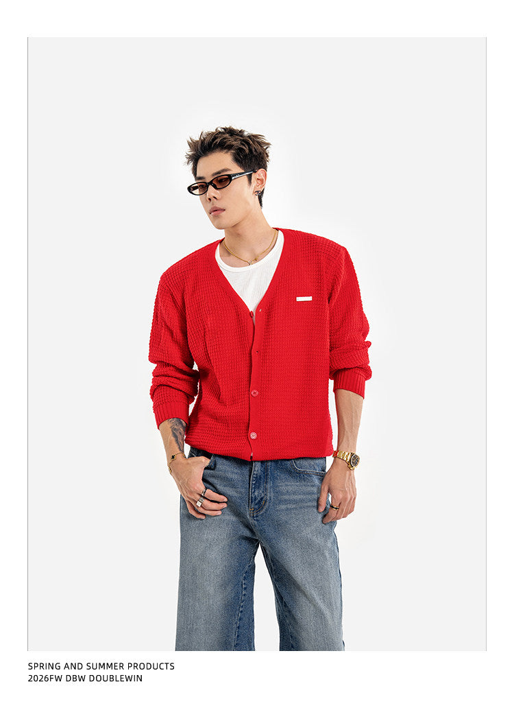 Waffle-Knit Wool V-Neck Knit Cardigan