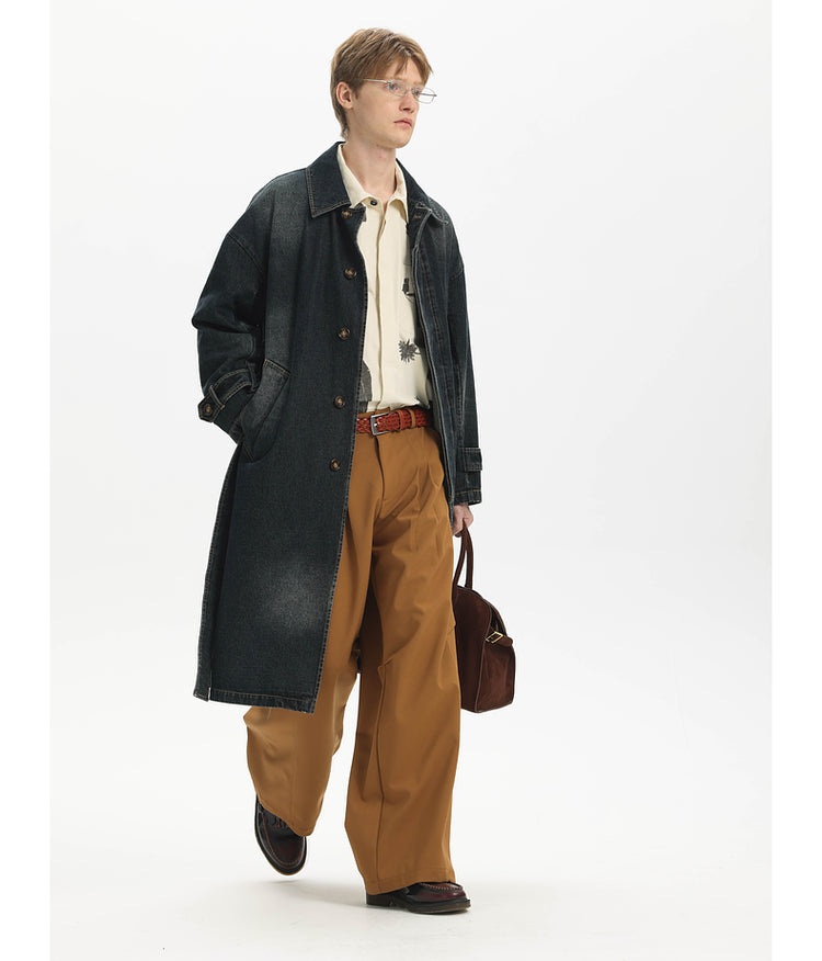 Washed Denim Long Trench Coat