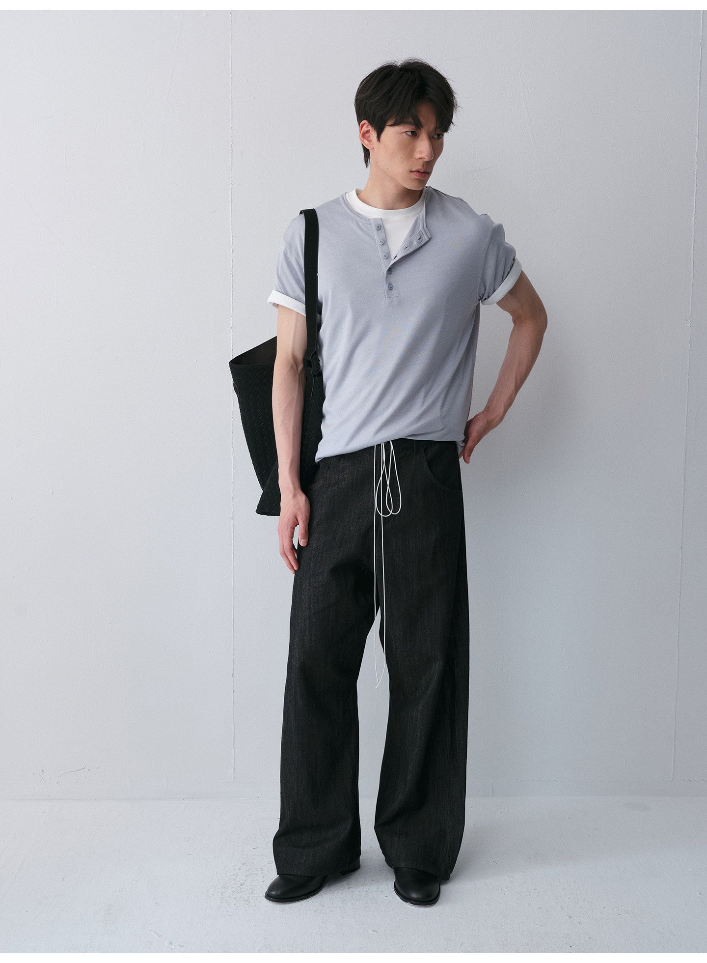 Henry-Collar Drop-Shoulder T-Shirt