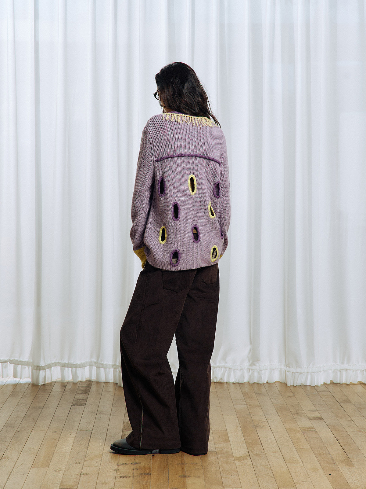 Hollowed-out wool blend cardigan