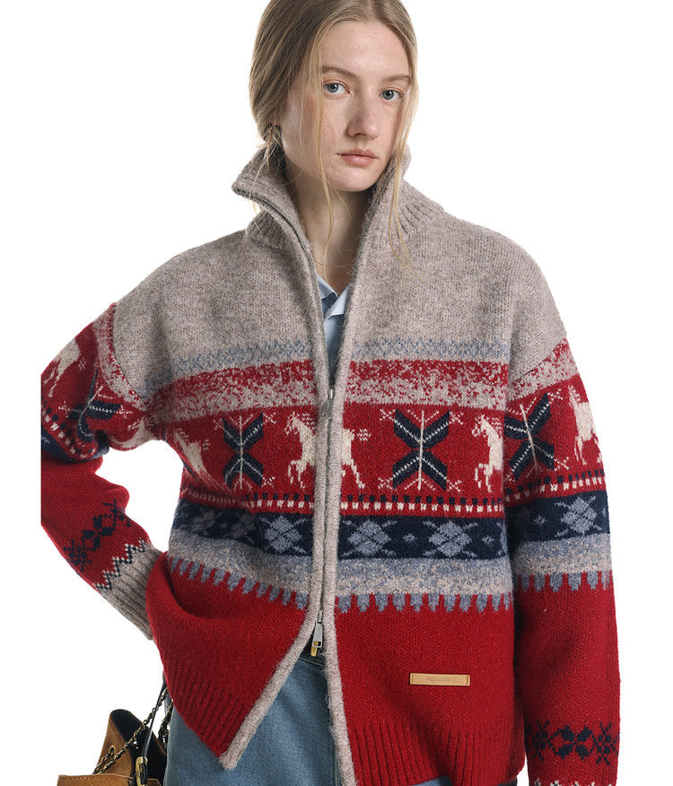 Wool-Blend Pony Jacquard Zip Cardigan