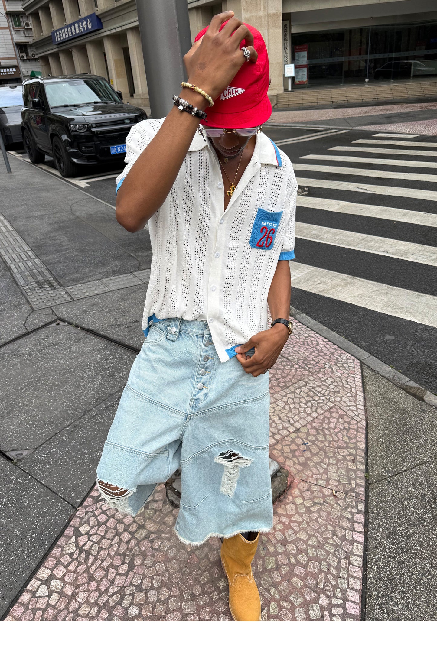 Vintage Whisker-Washed Loose-Fit Denim Shorts