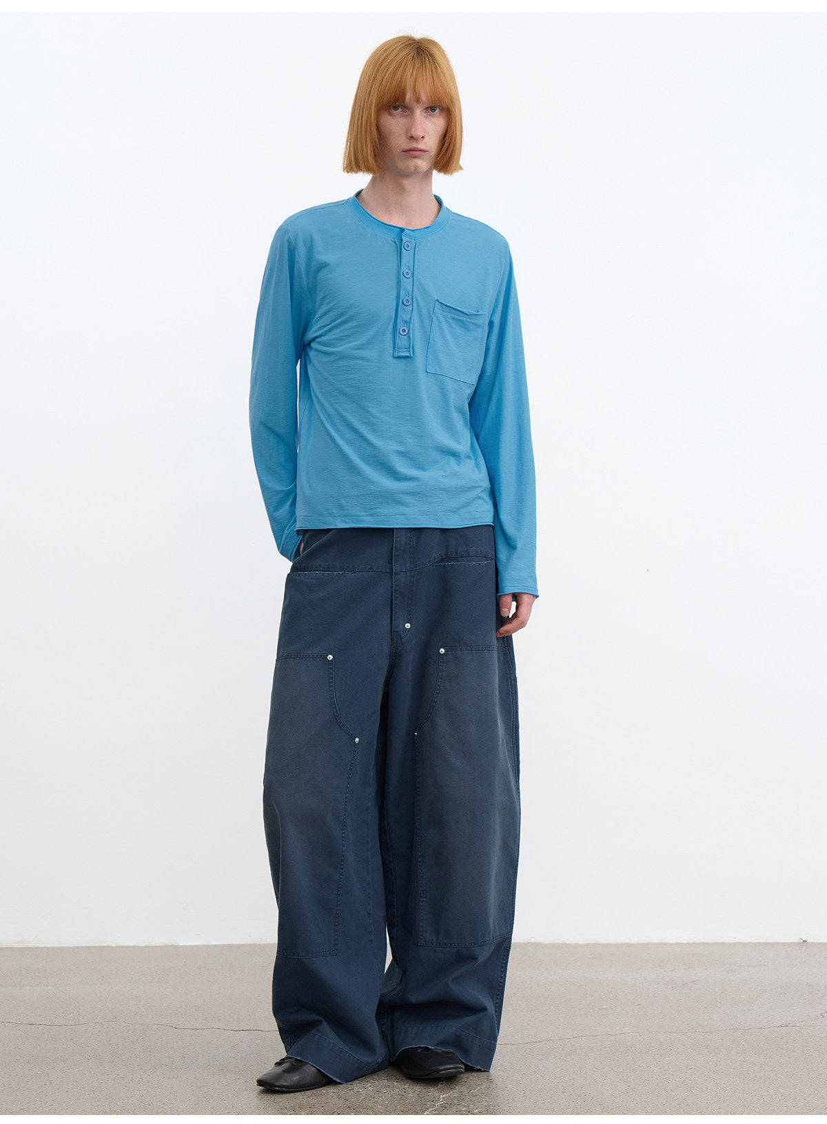 Henry-Collar T-Shirt with Front Pocket Design