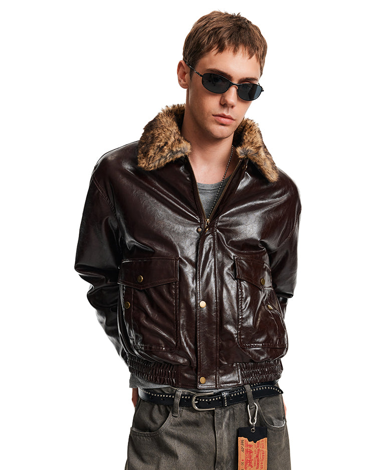 Patchwork Fur Collar Leather Jacket