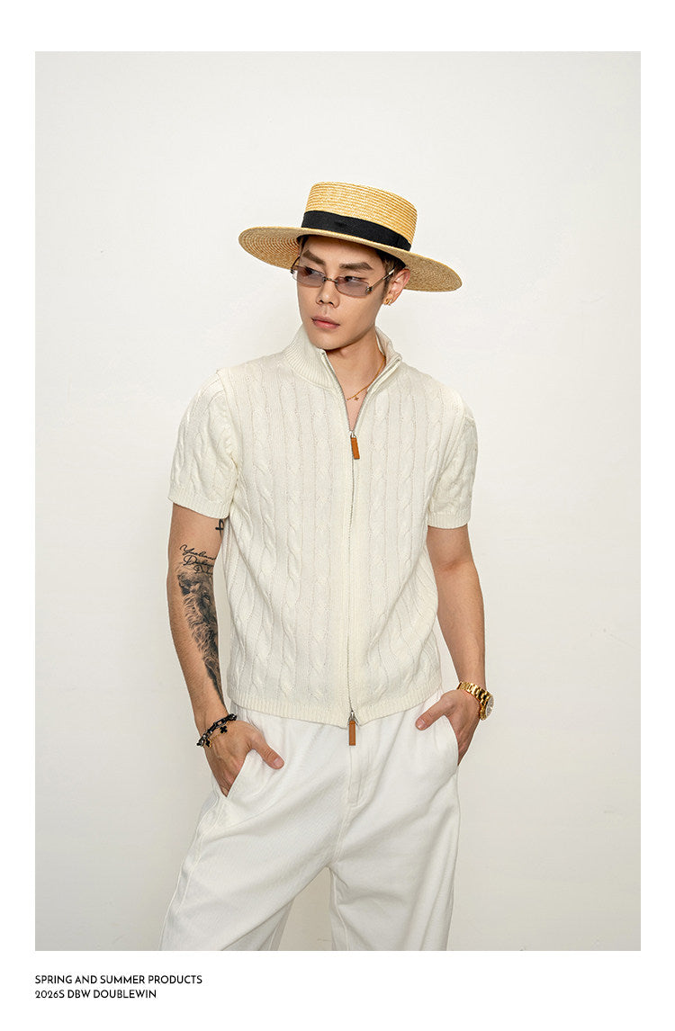 High-neck cable-knit shirt