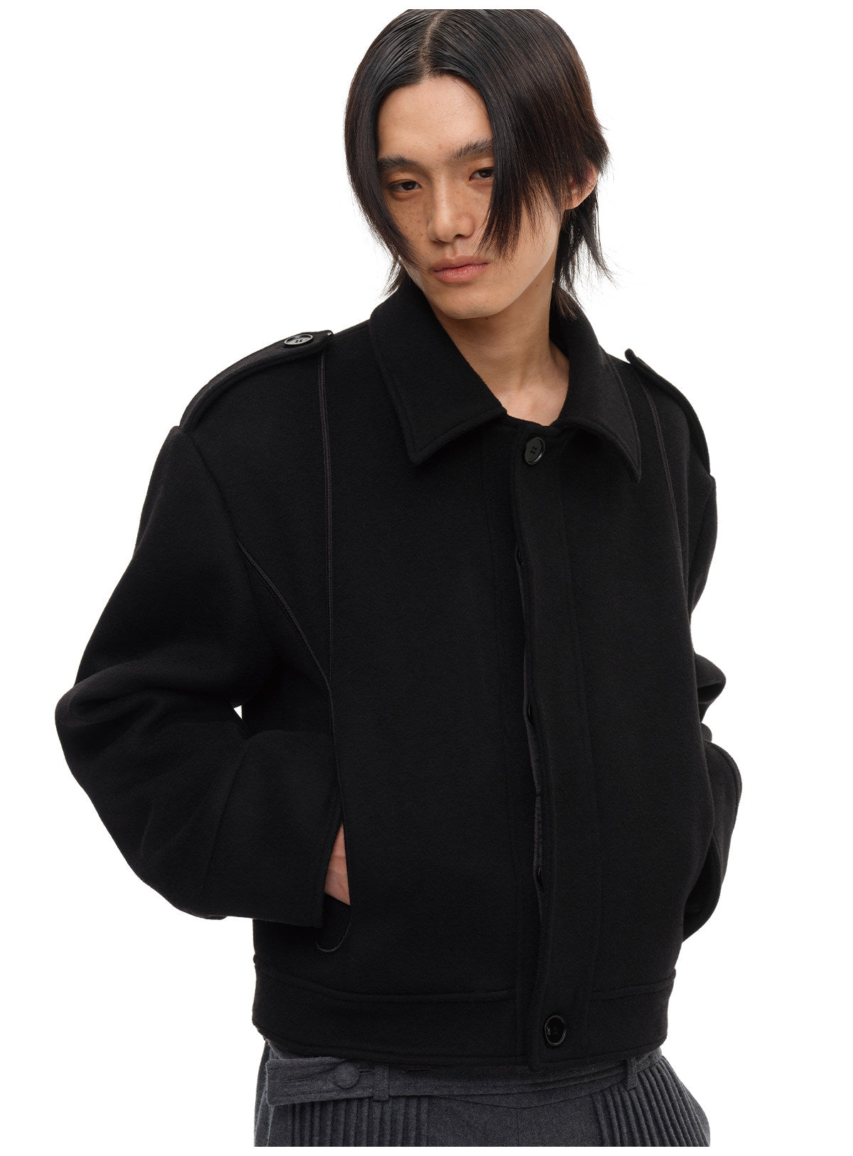 Webbing Shoulder Tapered Wool Jacket