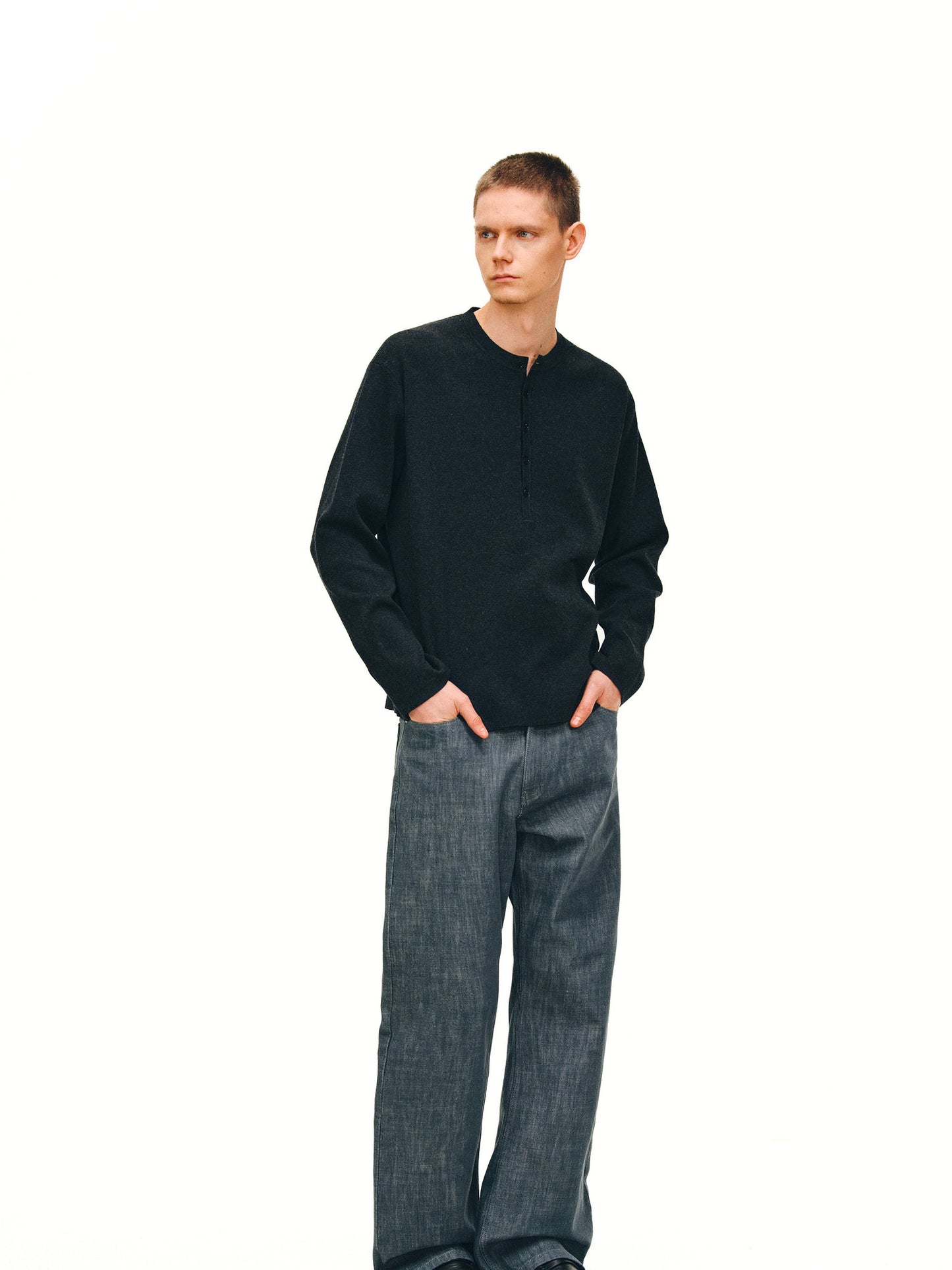 Henry Collar Button-Up T-Shirt