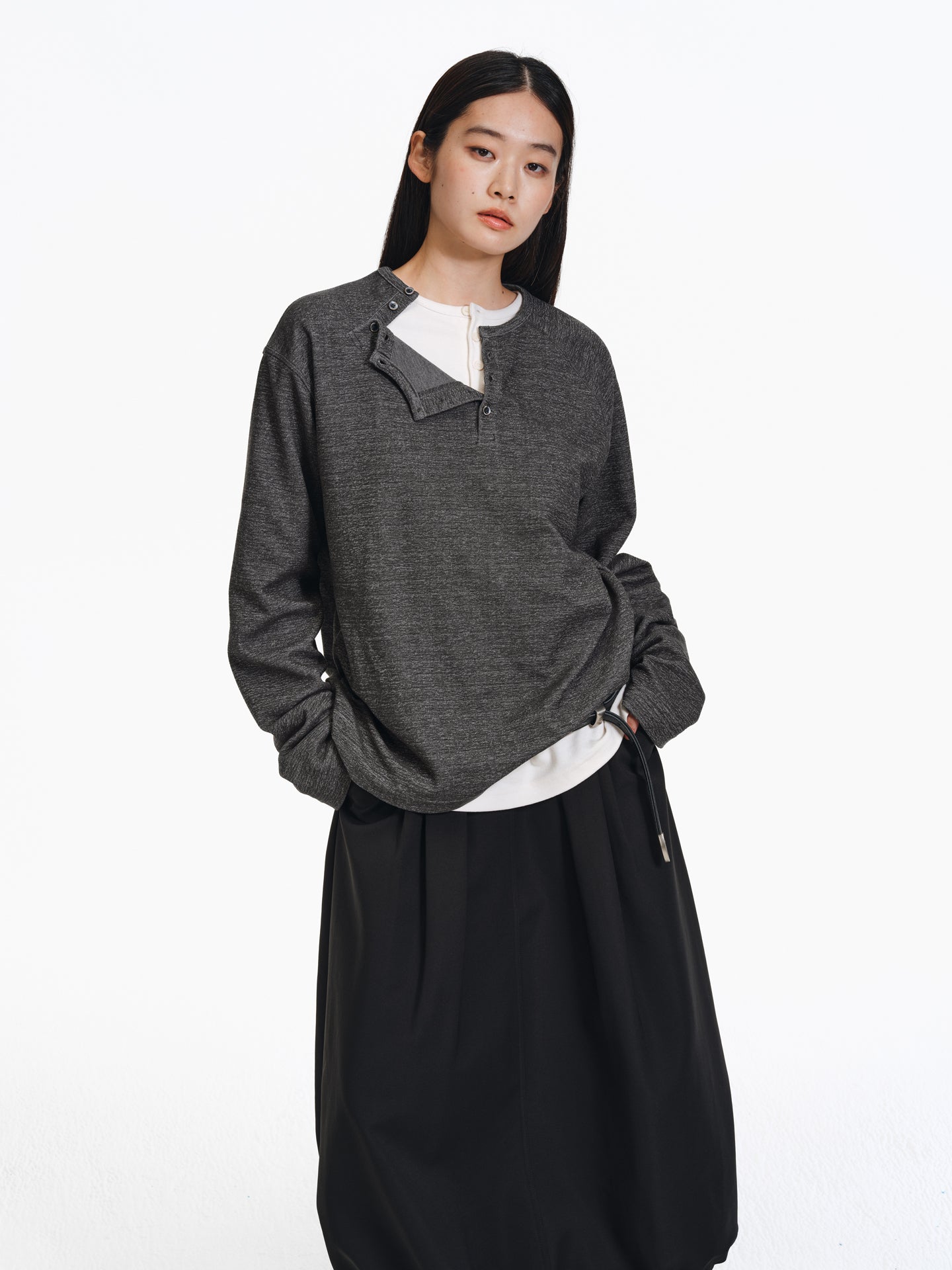 Henry Collar Diagonal Button T-Shirt