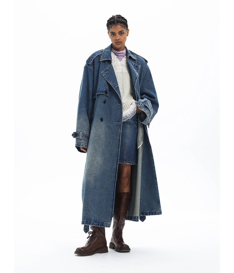 Double-breasted denim long coat