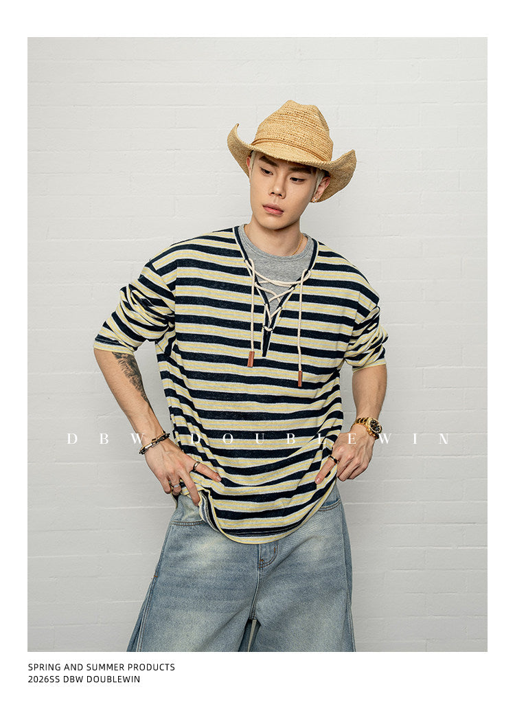 Contrast-Striped Faux Two-Piece T-Shirt