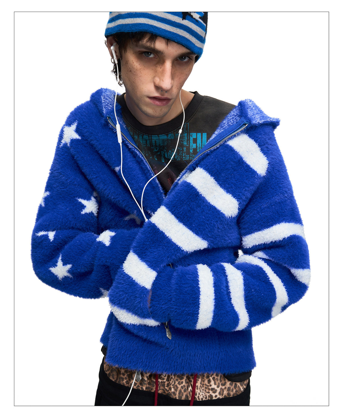 Star-Print Hooded Cardigan