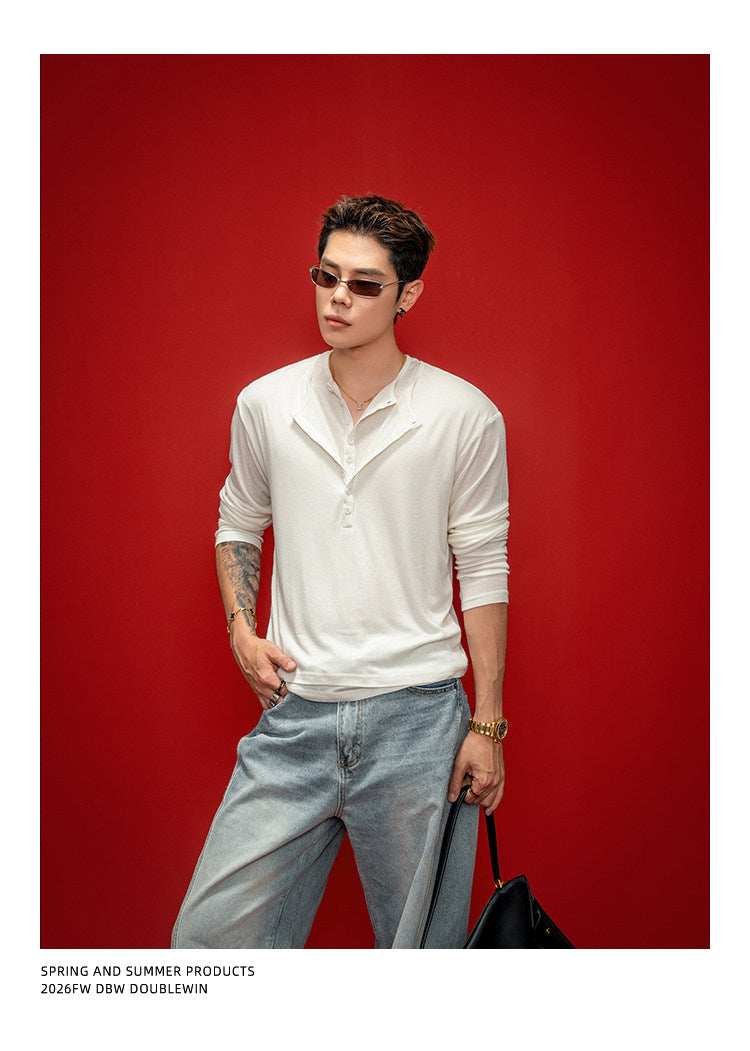 Faux Two-Piece Henley-Neck Shirt