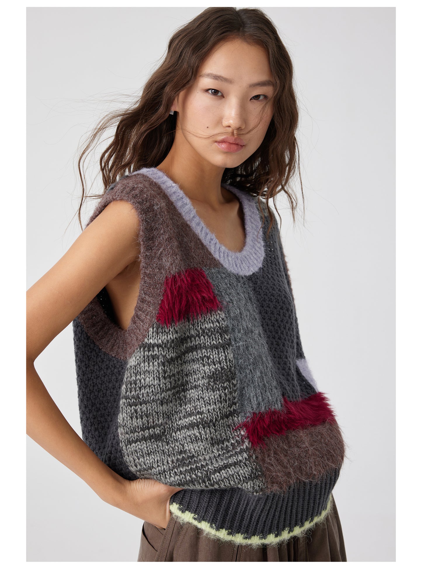 Patchwork Contrast U-Neck Sweater Vest