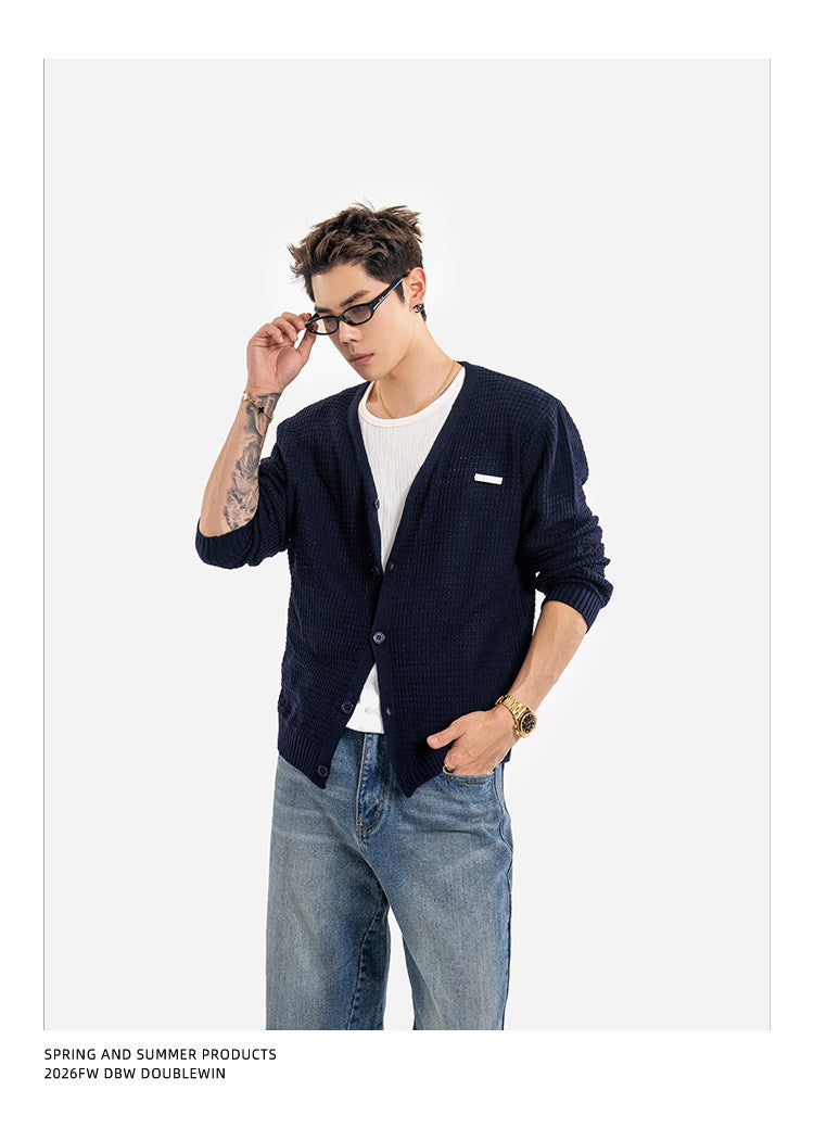 Waffle-Knit Wool V-Neck Knit Cardigan