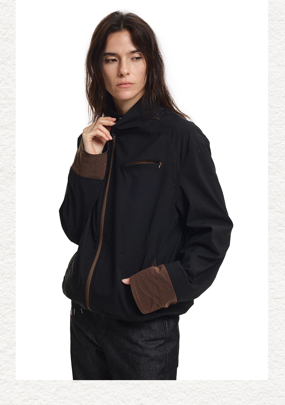 Lightweight Jacket with Flip-Up Sleeves and Diagonal Zipper