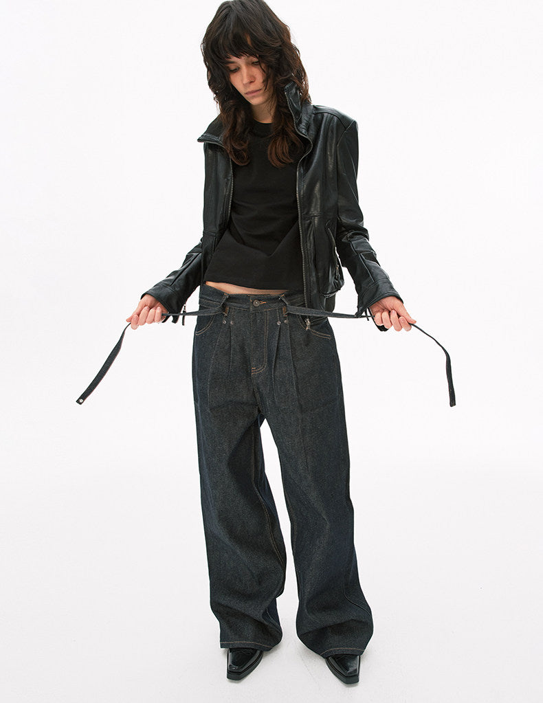 Minimalist Lace-Up Raw Denim Pants
