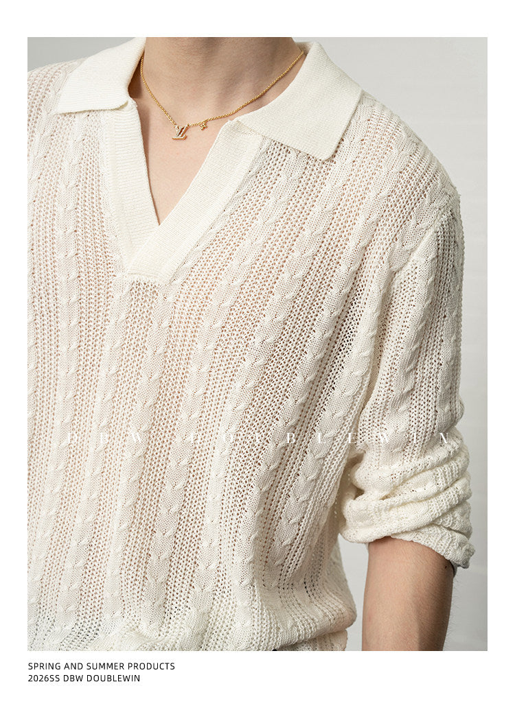 V-neck lapel knit sweater