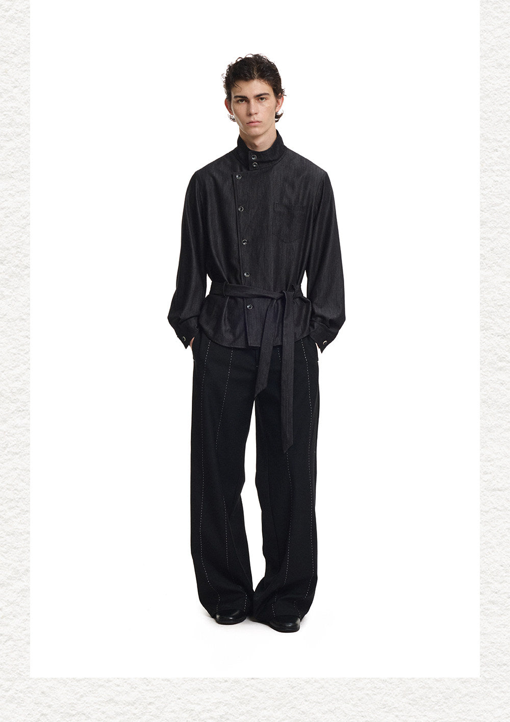 Diagonal Placket  Stand-Up Collar Workwear Shirt