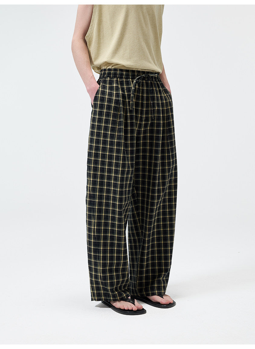 Yarn-Dyed Chiffon Check-Patterned Casual Pants