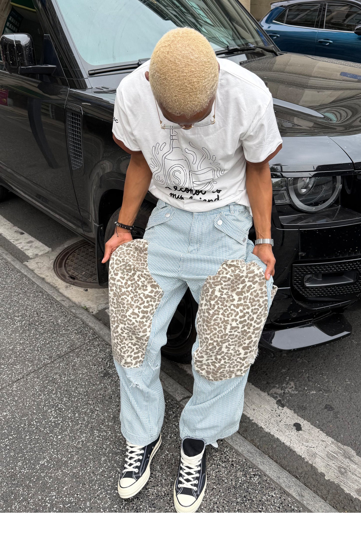 Leopard-Print Patchwork Denim Shorts