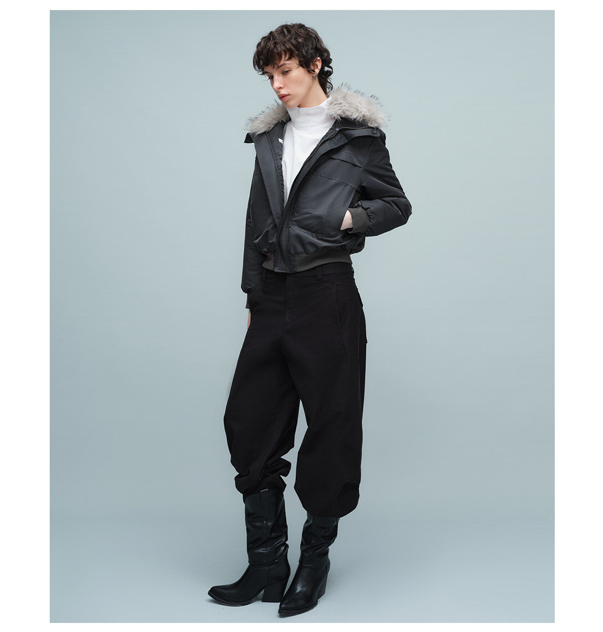 Short Bomber Jacket with Detachable Fur Collar