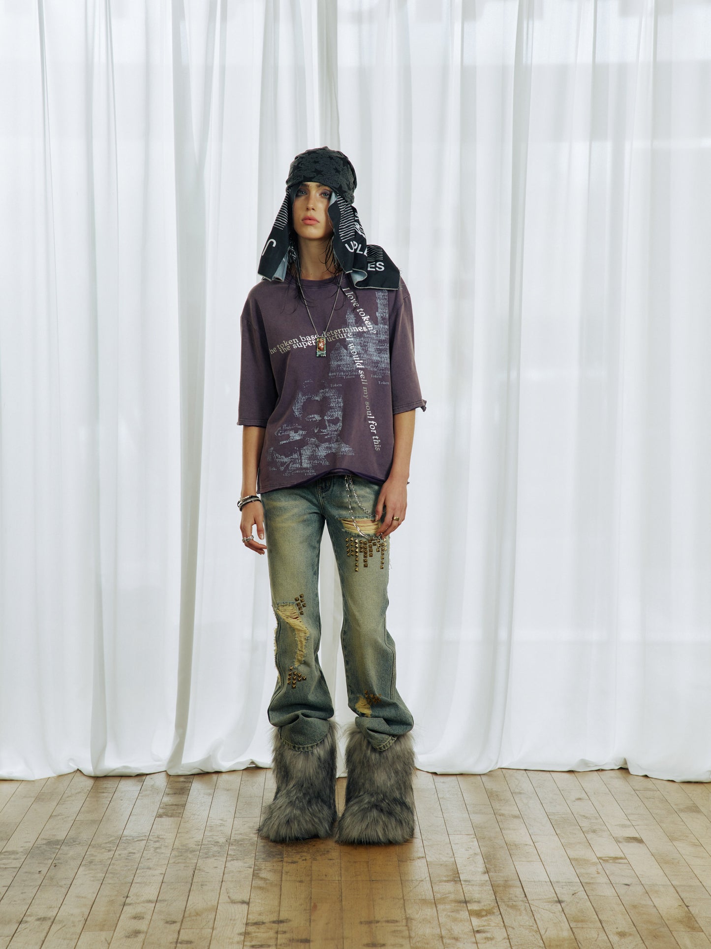 Silver Embossed Print  Distressed T-Shirt