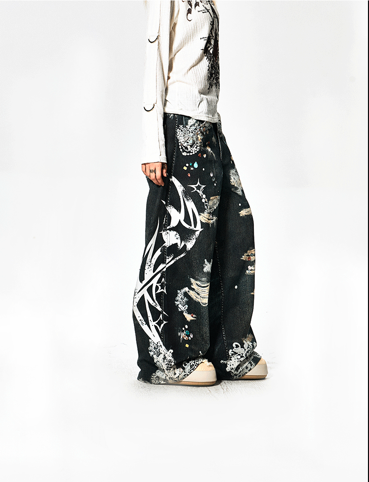 Full Print Loose Retro Jeans