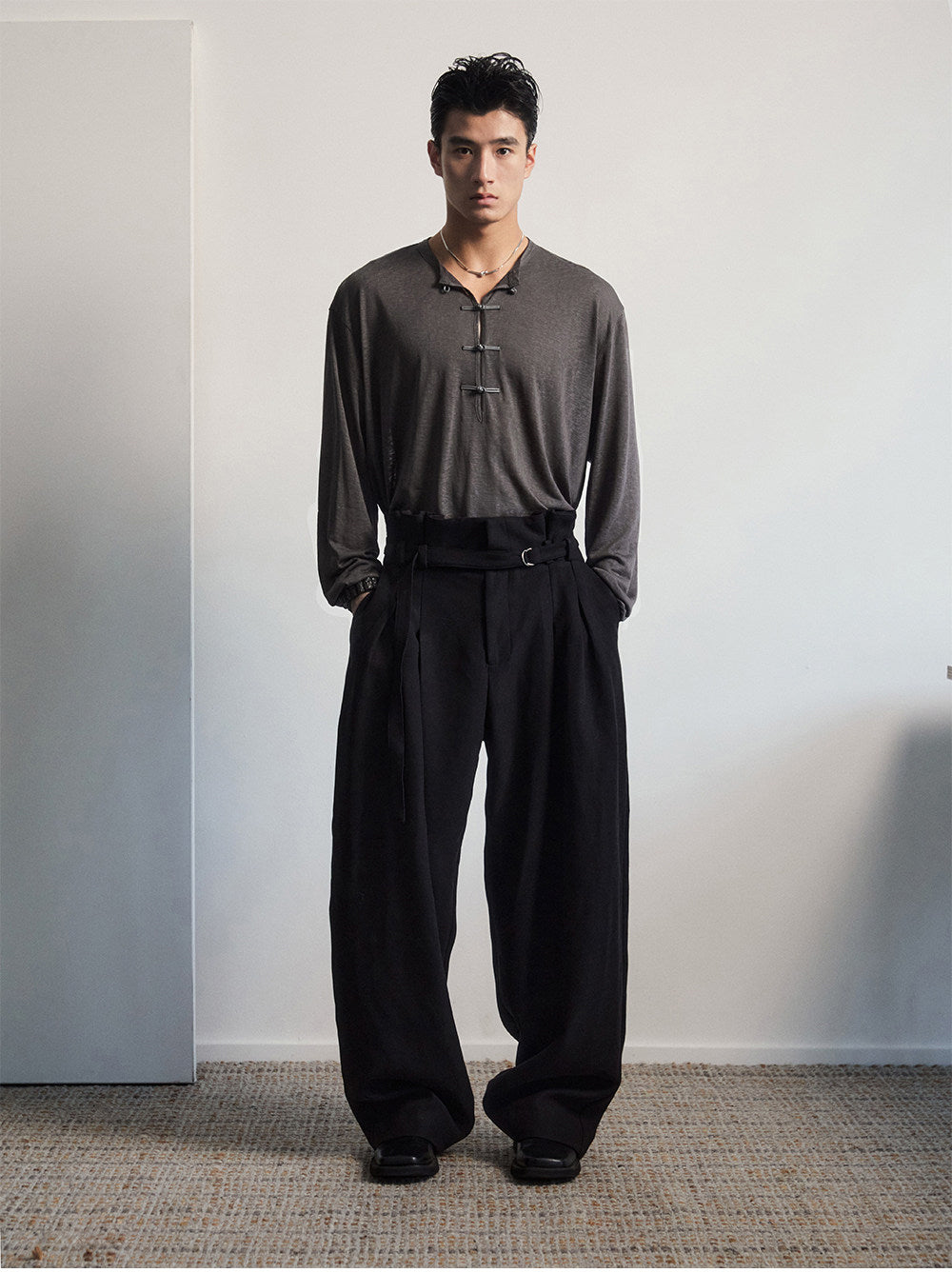 Button-down half-open shirt