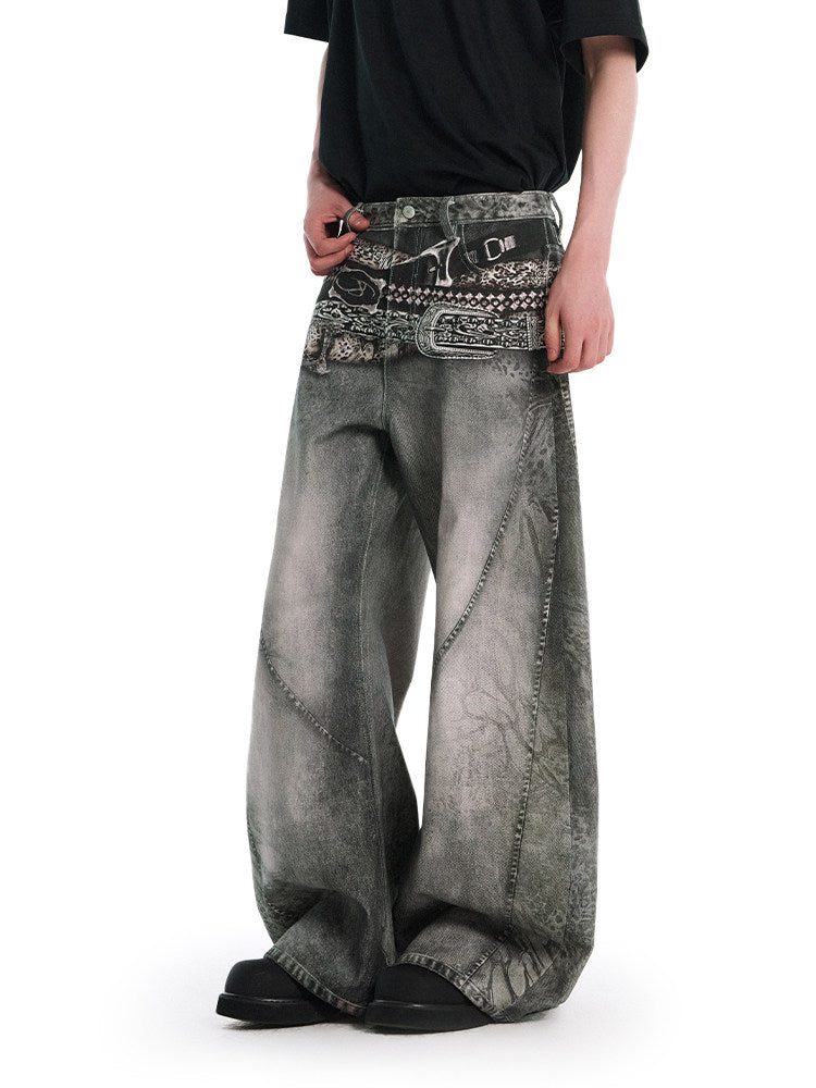 Printed Retro Curved Jeans
