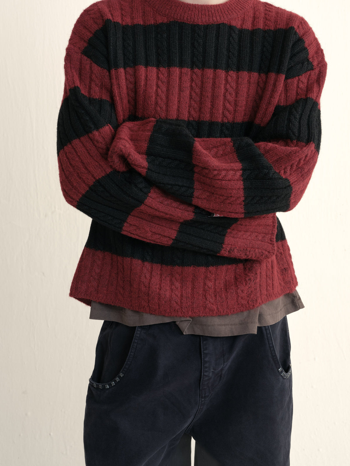 Cable wool striped distressed sweater