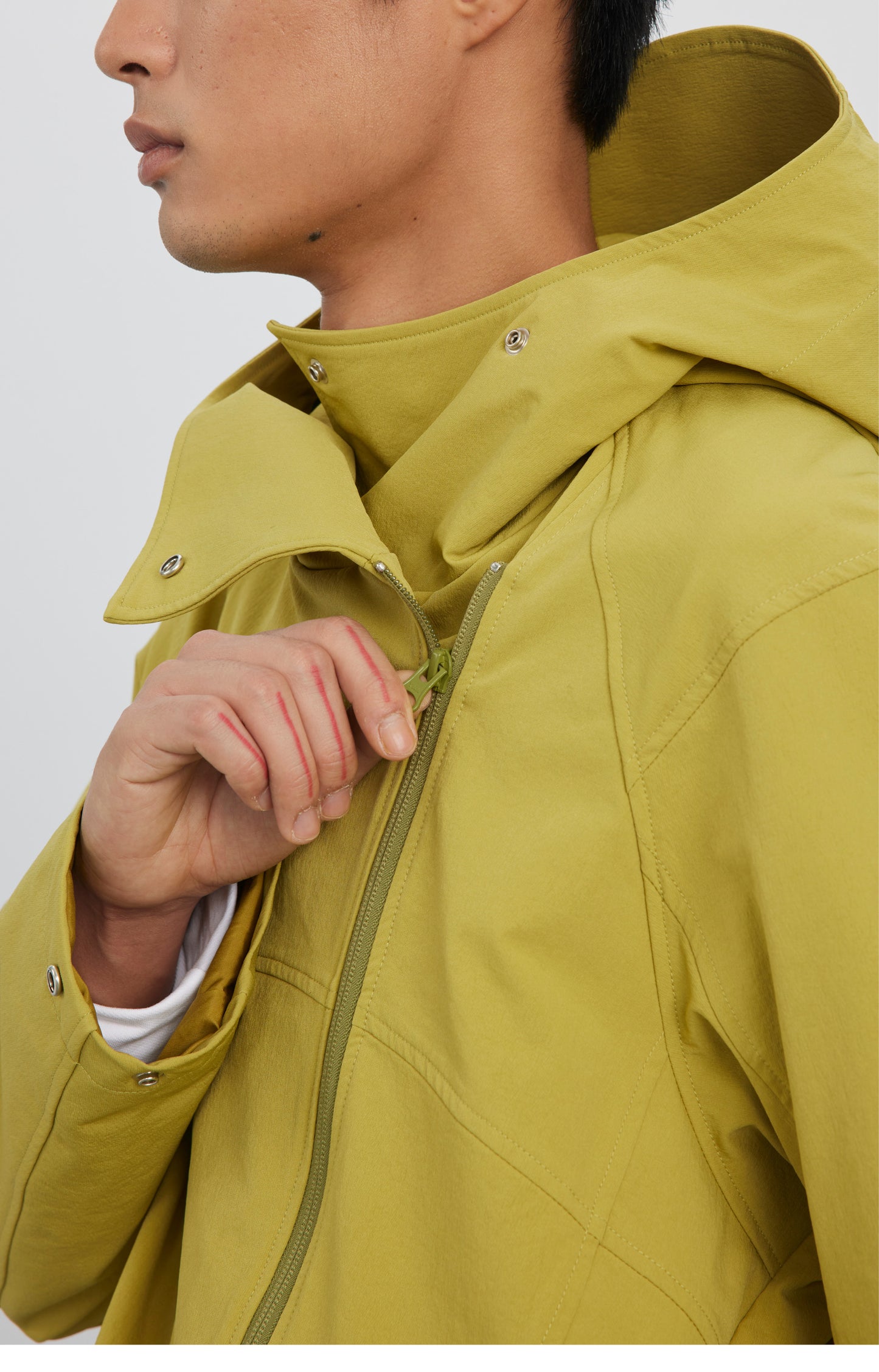Diagonal Placket High Collar Hooded Jacket