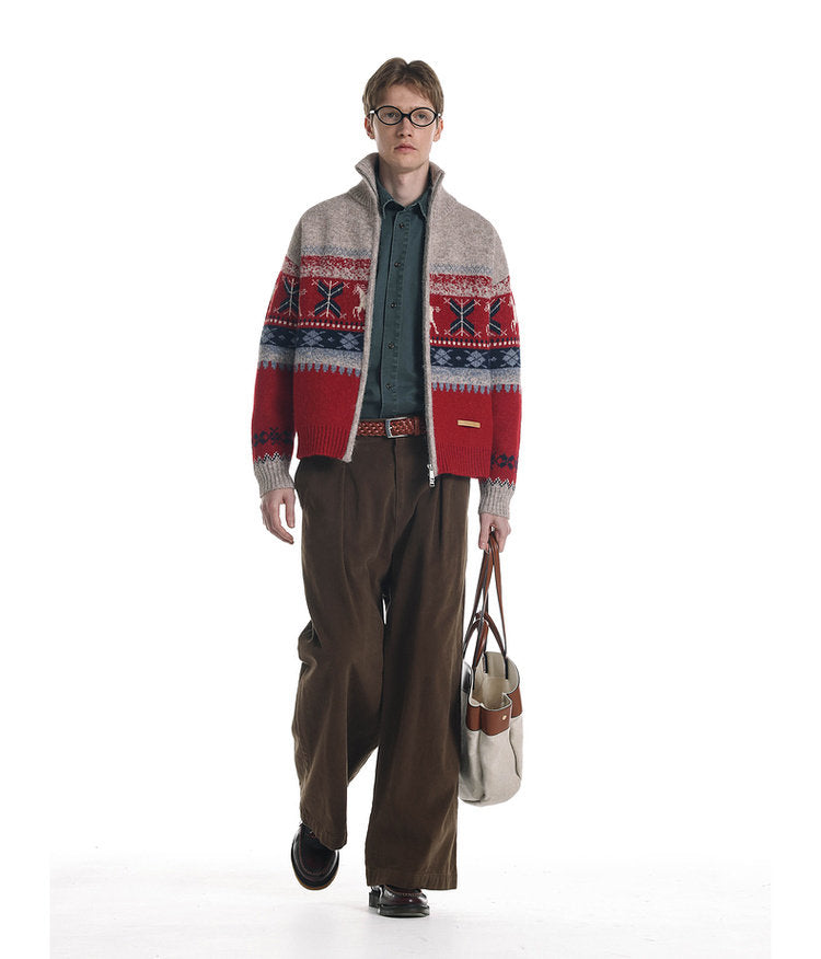 Wool-Blend Pony Jacquard Zip Cardigan